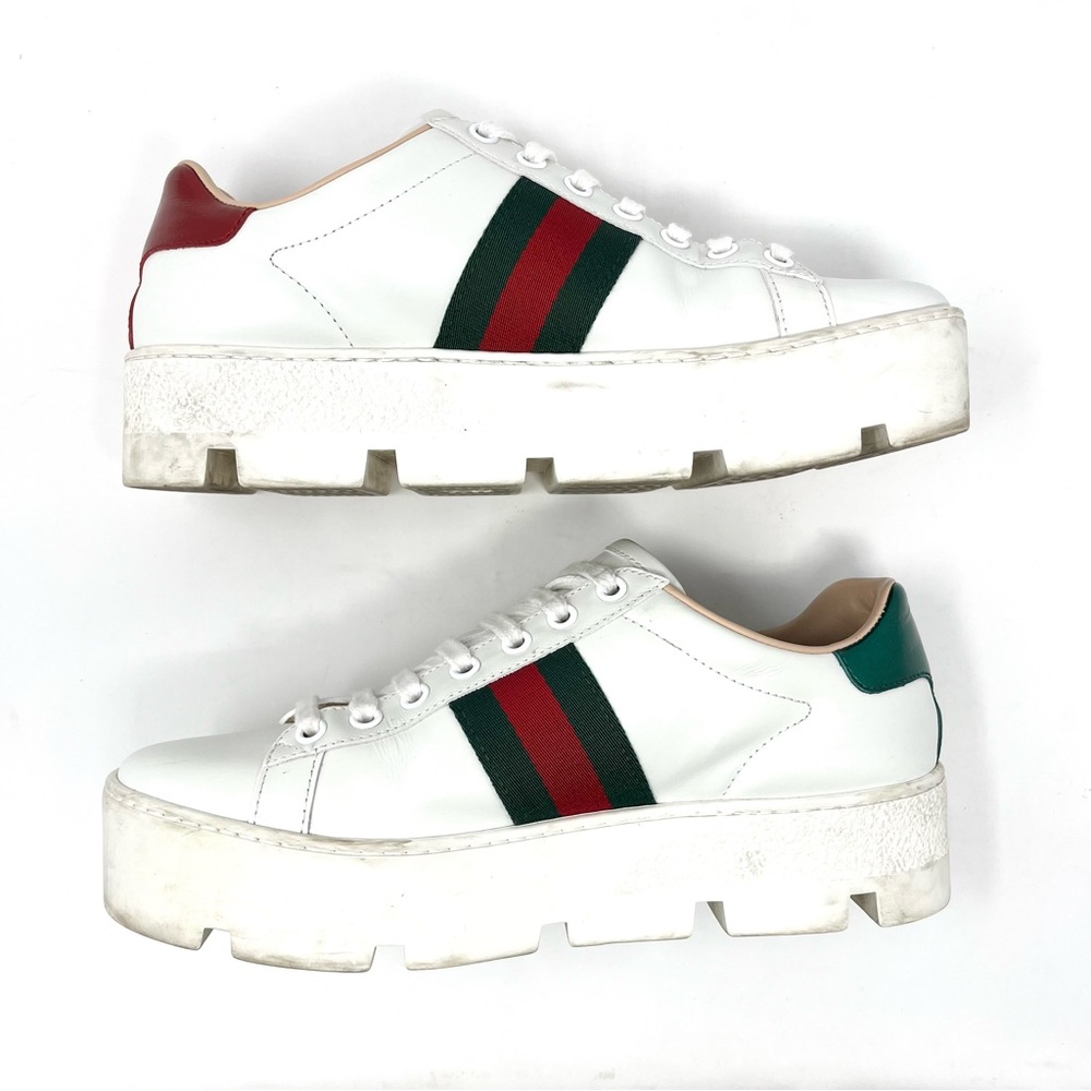 Gucci Ace Bee Platform White Leather Sneakers Shoes Logo Low Top Chunky 36.5 6.5 - Picture 4 of 12